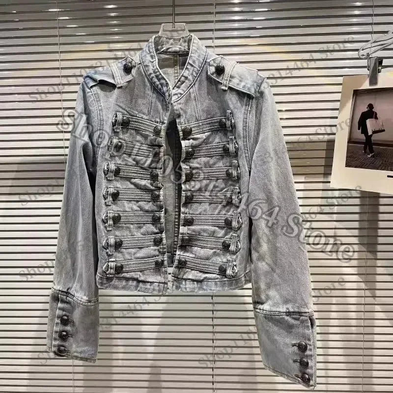 Spring Autumn Vintage Blue Slim Short Jeans Jacket Women Stand Collar Multi-breasted Design Long Sleeve Denim Jacket  Streetwear