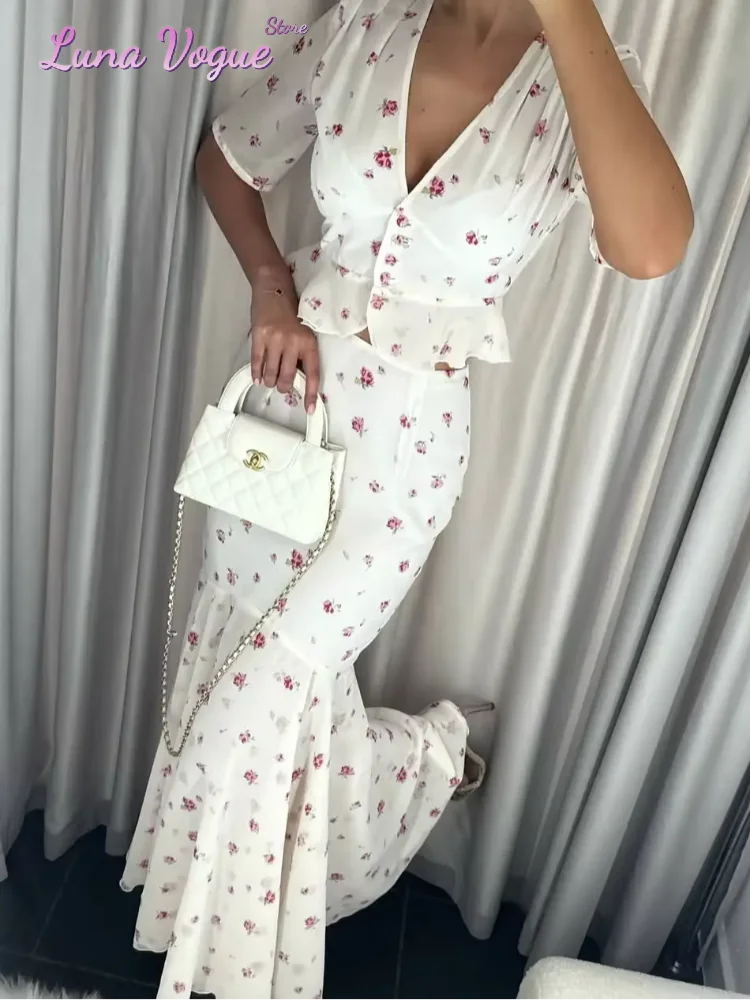 Women White Pink Floral Print Fishtail Skirt Set Chic V Neck Puff Sleeve Ruffle Button Crop Top Suit Elegant Lady Wedding Outfit