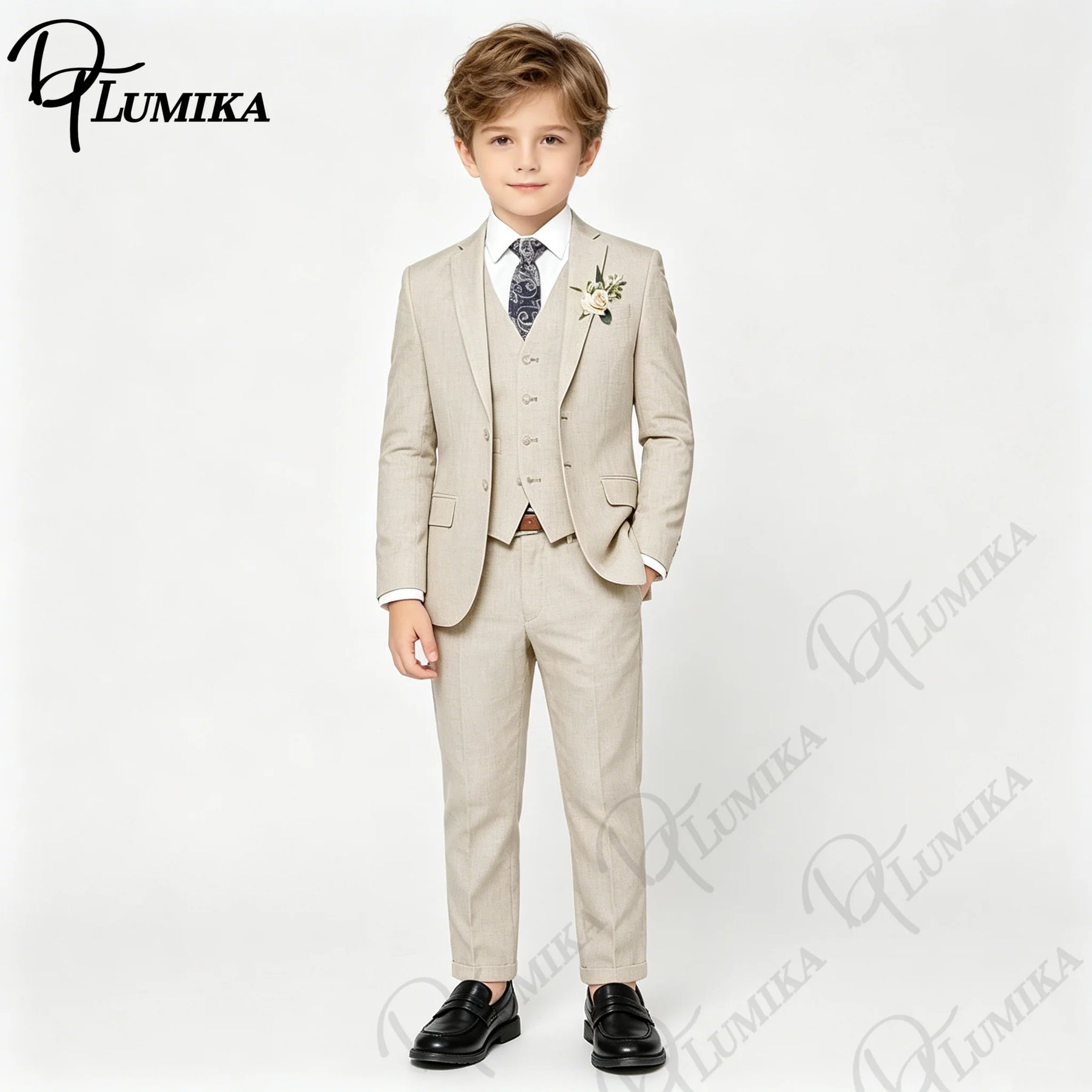 Handsome Linen Boys Suit 4-Piece Set with Floral Bow Tie 2026 Classic Formal Blazer Vest Pants for Ring Bearer Wedding Party CB DROPSHIPPING