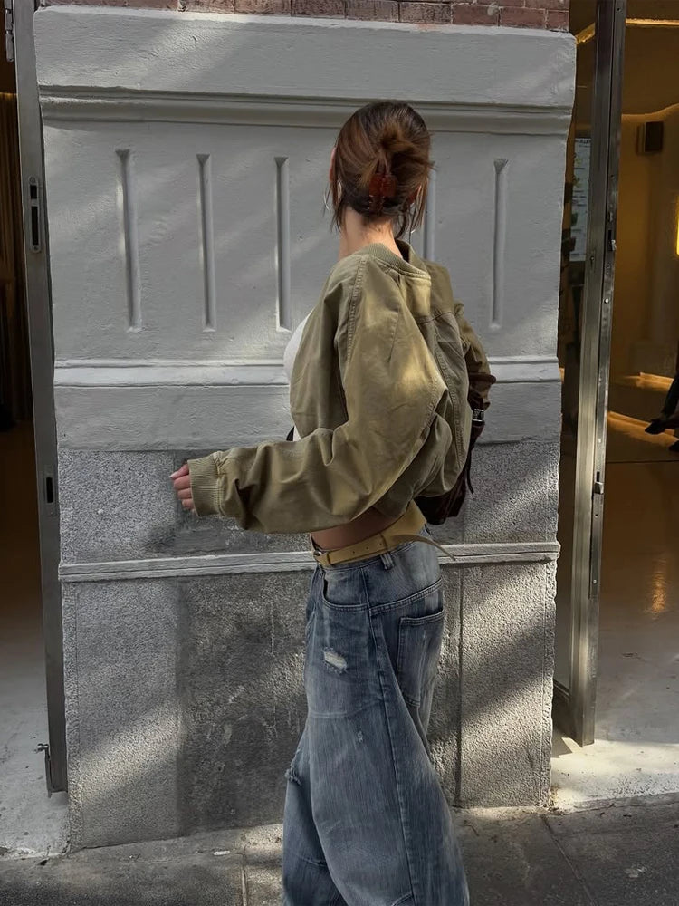 Cropped Bomber Short Jackets Women Solid Folded Hem Zipper Pockets Full Sleeves Coats Women Lady Casual Daily Street Outwear New