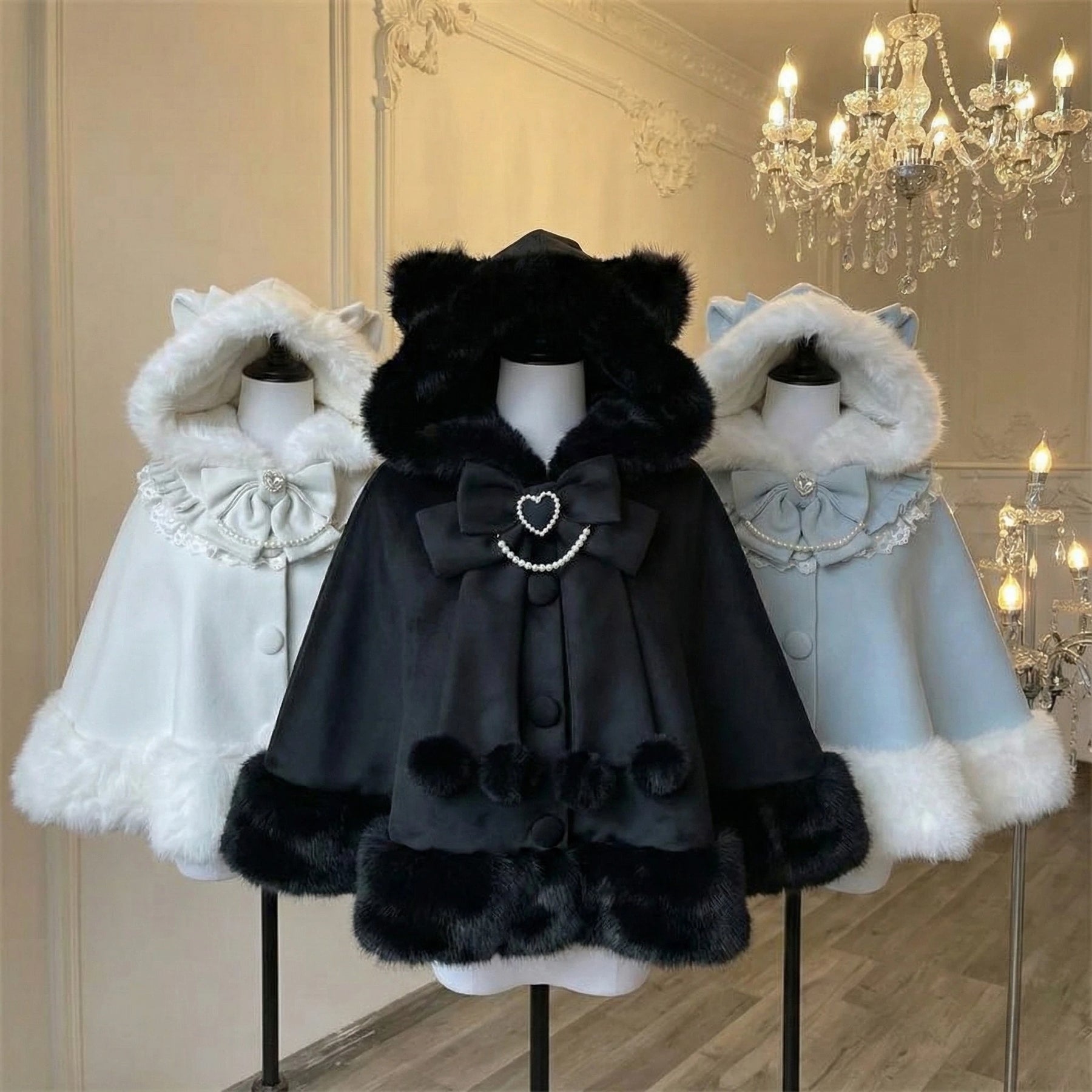 Japanese Kawaii Coat Cloak Faux Fur Collar Long Sleeve Tops Women Casual Lolita Bow Button Jackets Warm Sweet Women Clothing