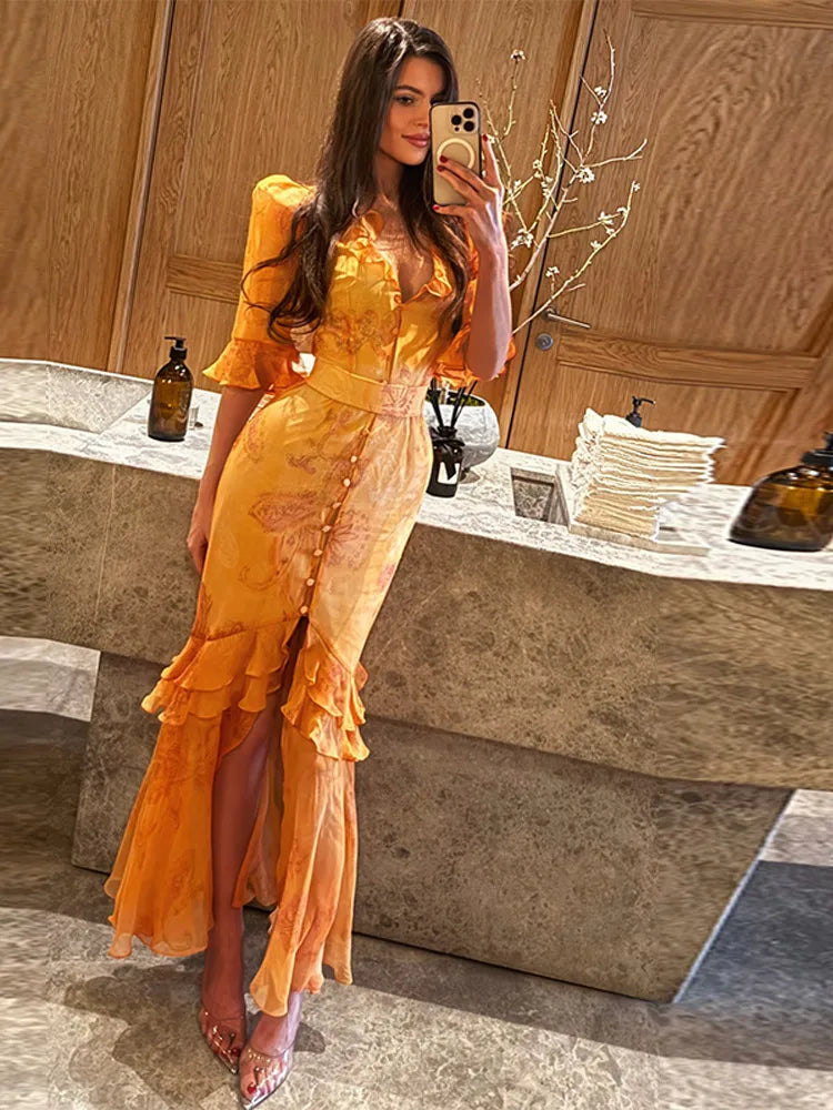 Print Chiffon Long Dress Women V Neck Half Sleeves High Waist Ruffles Belts Split Robe Female 2026 Summer Chic Vacation Dresses