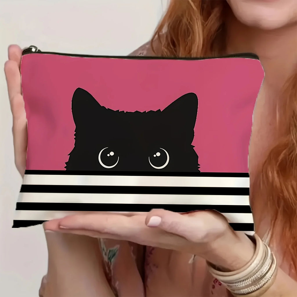 Cute Black Cat Makeup Bag - Beige Cosmetic Organizer with Non-Fading Zipper, Large Capacity Travel Toiletry Bag