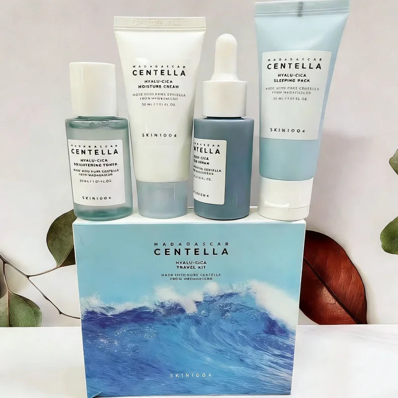 Centella HyaluCica Travel Kit,Brightening Toner, Blue Ampoule Serum,Night Sleeping Pack and Moisturizer Cream Skincare Mini Set CB DROPSHIPPING