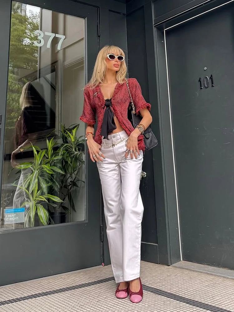 Vintage Fringed Fitted Shirts Women V Neck Short Sleeves Lace Up Ruffles Blouse Female 2026 Summer New Chic Fashion Tops Lady