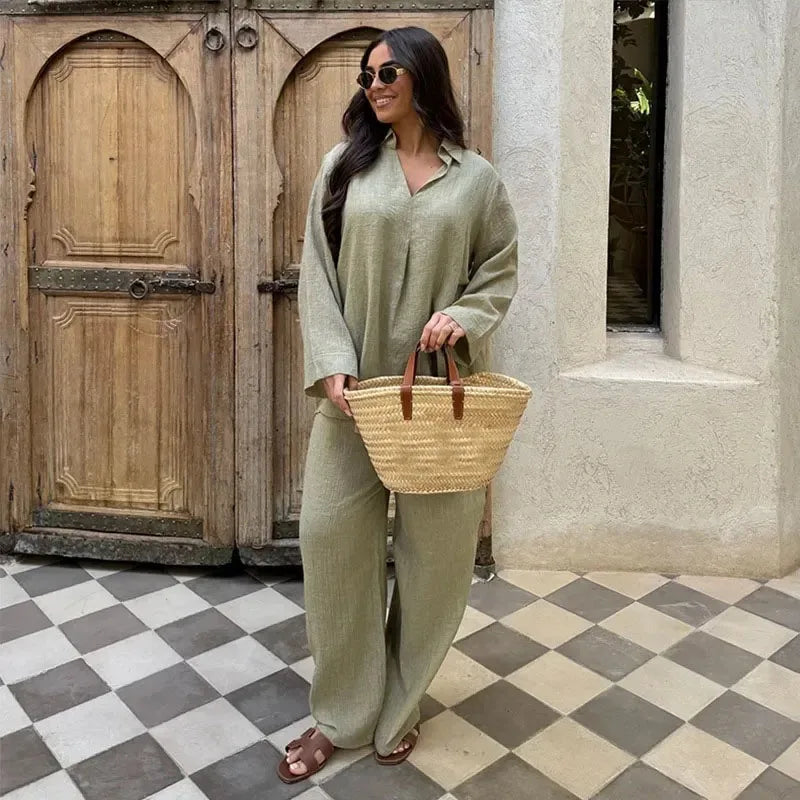 Fashion Stripe Long Pants Set Women Chic Lapel Single Breasted Shirt High Waist Wide Leg Trousers 2026 Spring New 2 Pcs Outfits
