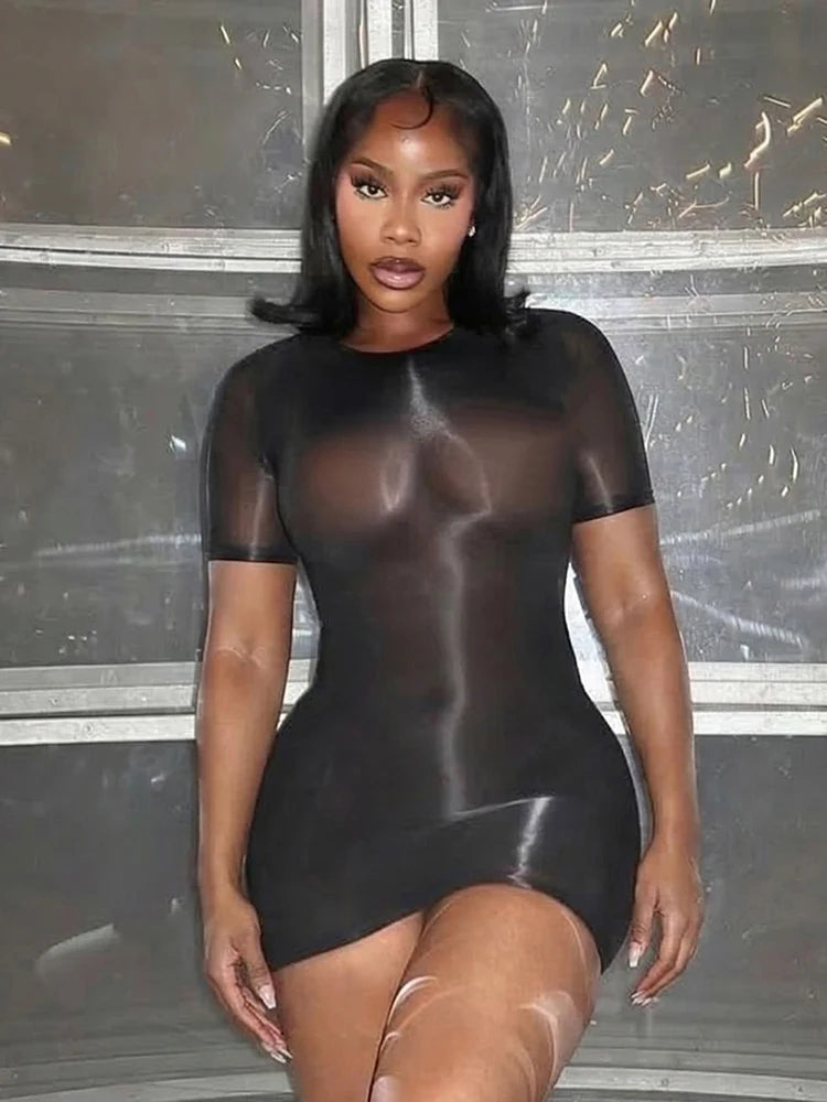 Weird Puss Wild See Through Dress Women Hottie Fashion Short Sleeve Stretch Skinny Coquette Midnight Street Party Club Bodycon