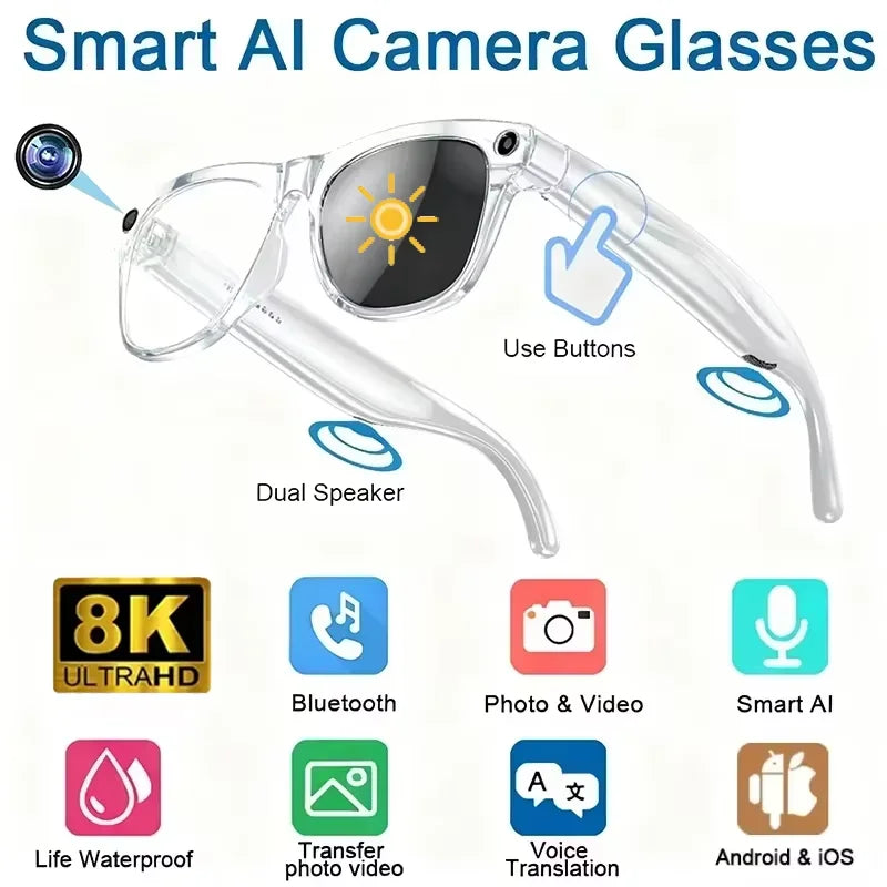 Lenovo Bluetooth 8K Smart AI Touch Glasses Camera With 800w Sport ChatGpt4.0 Sunglasses Calling Music Player For Men Women Gifts CB DROPSHIPPING