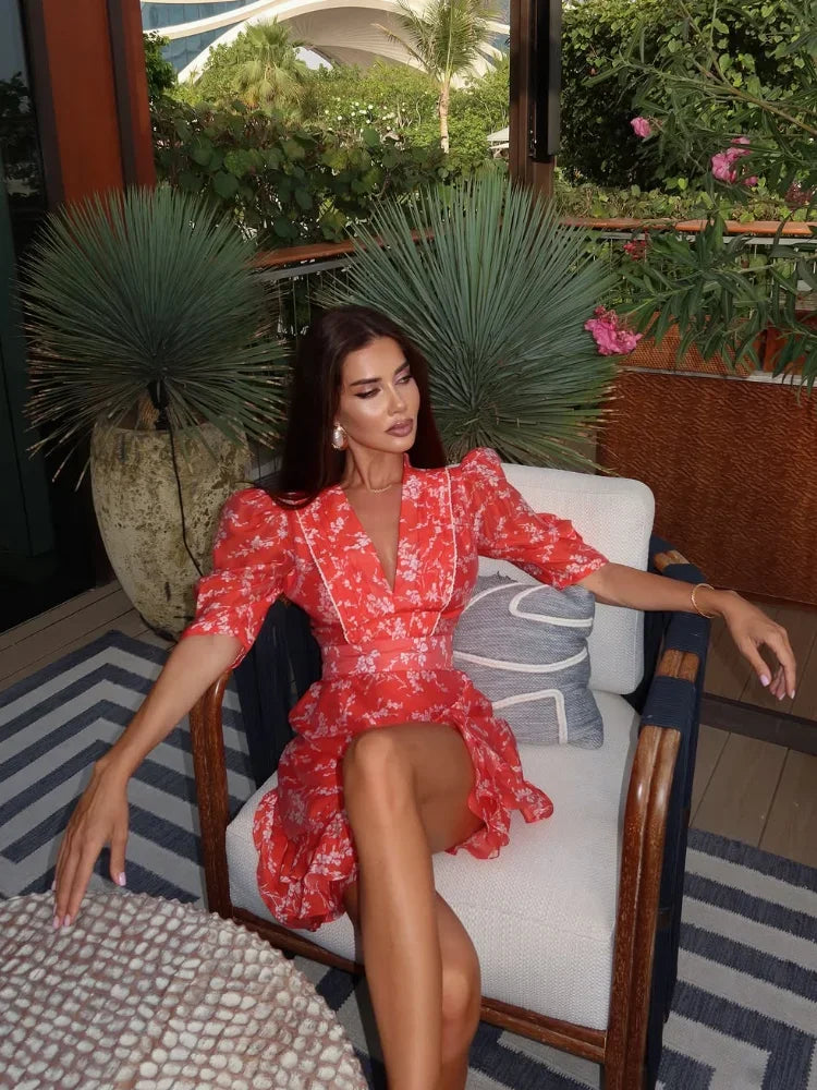 Women Red Floral Printed Mini Dress V-neck Short Sleeved Puff Sleeve Waist Trim Ruffle Slit Hem Dresses 2026 Summer Party Gown