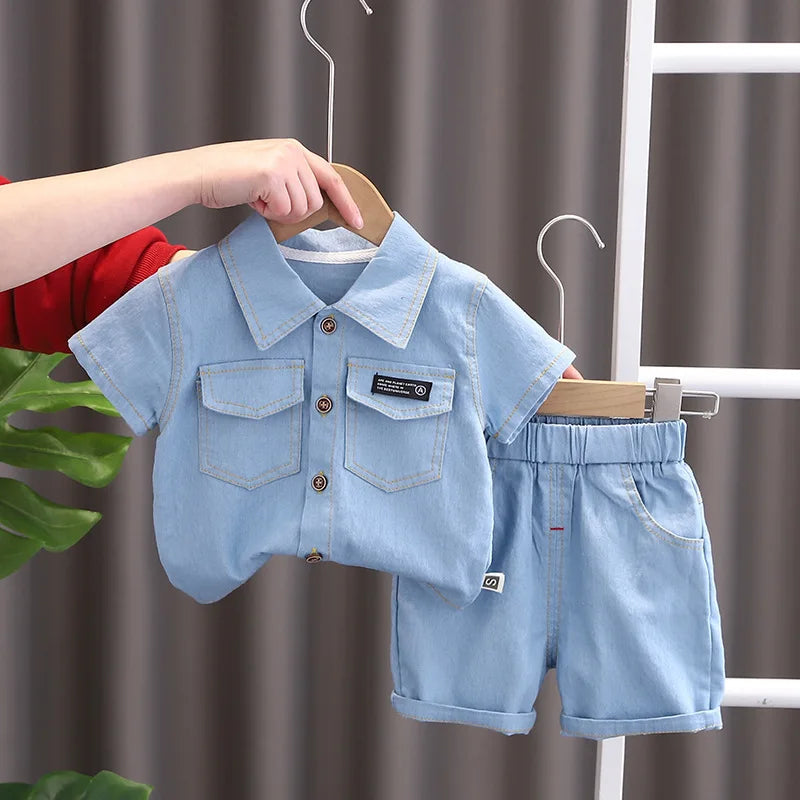 Summer Baby Boys Denim Clothes Suit Children Outfits Fashion Solid Shirt Shorts 2Pcs/Sets Toddler Casual Costume Kids Tracksuits CB DROPSHIPPING